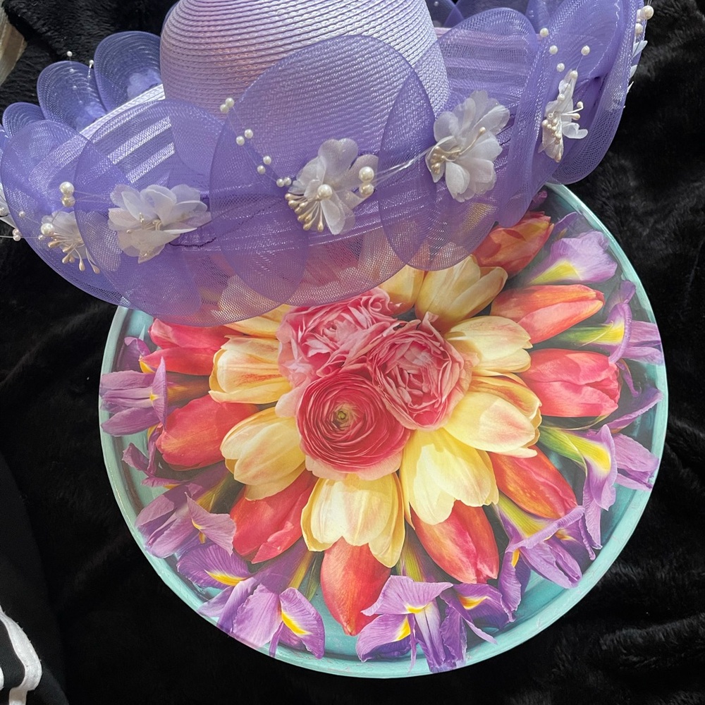 Purple Floral Hat with Decorative Pearls